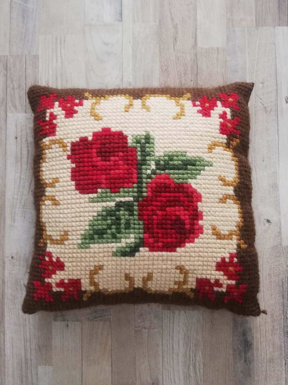 Hand-Stitched Needlepoint Rose Pillow – Wool Fabric Front Accent Cushion